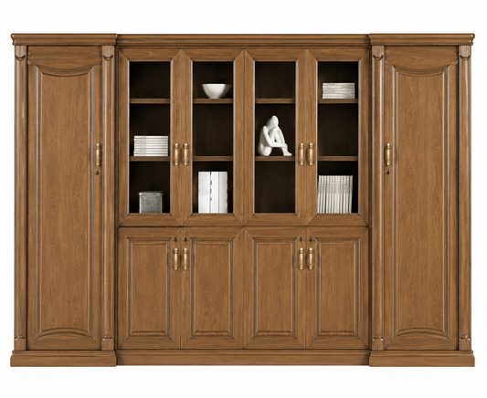 High Quality Light Walnut Real Wood Veneer Executive Bookcase with Glass Doors - 3400mm - KM2K06