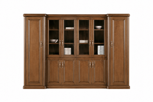 Real Light Walnut Wood Veneer Executive Bookcase Wood & Glass Doors - 3000mm - KM3Y06