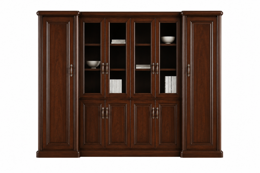Real Walnut Wood Veneer Executive Bookcase Wood & Glass Doors - 3000mm - KM3Y06