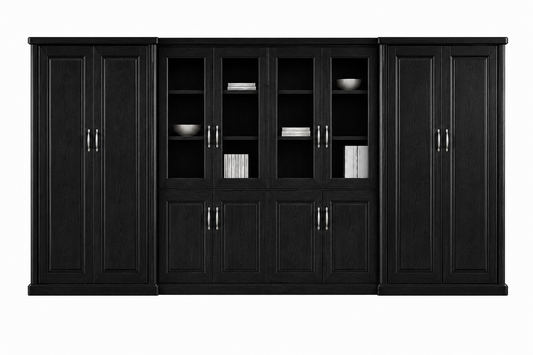 Tall and Wide Black Ash Real Wood Veneer Executive Bookcase Wood & Glass Doors - 4000mm - KM3Y08