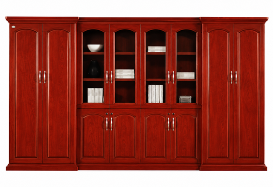 Tall and Wide Cherry Rosewood Real Wood Veneer Executive Bookcase Wood & Glass Doors - 4000mm - KM3Y08