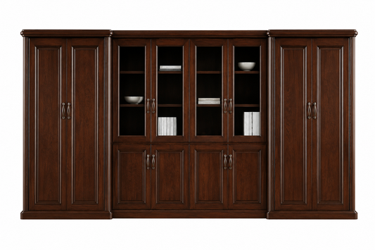 Tall and Wide Walnut Real Wood Veneer Executive Bookcase Wood & Glass Doors - 4000mm - KM3Y08