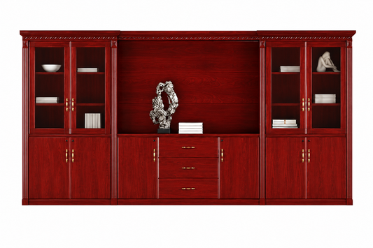 High Quality Cherry Rosewood Real Wood Veneer Executive Bookcase with Open Storage and Glass - 4000mm - KM4J07