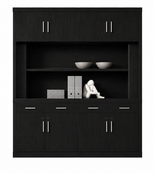 Large Luxury Real Black Ash Wood Veneer Executive Bookcase with Open Shelving - 2000mm - KM5B44