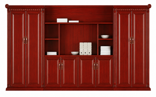 High Quality Large Cherry Rosewood Real Wood Veneer Executive Bookcase & Open Display Unit - 4000mm - KM5J08