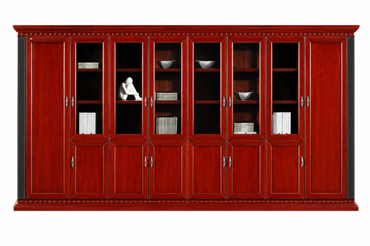 Extra Wide Cherry Rosewood Real Wood Veneer High Quality Executive Bookcase with Glass - 4200mm - KM8B8