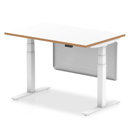 Oslo Air Height Adjustable Desk White Top Natural Wood Edge White Frame with White Steel Modesty Panel - 1200mm, 1400mm, 1600mm