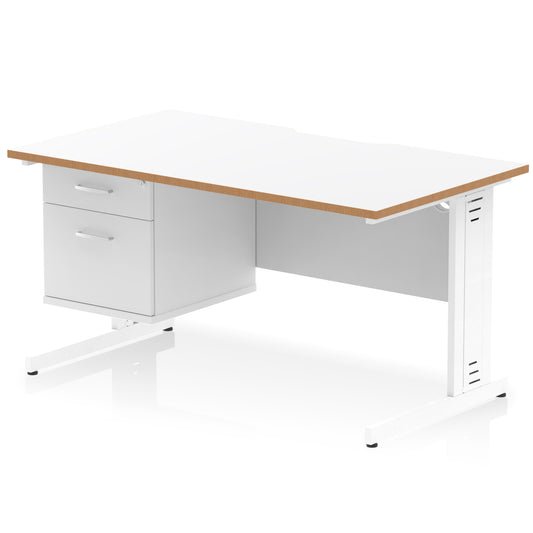 Impulse Scalloped Edge Cable Managed Straight Desk With Single Fixed Pedestal - 1400mm - Multiple Colour Options