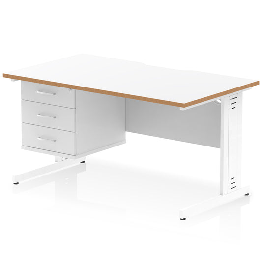 Impulse Scalloped Edge Cable Managed Straight Desk With Single Fixed Pedestal - 1400mm - Multiple Colour Options
