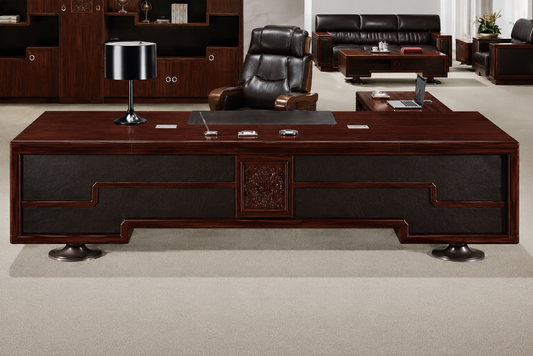 Luxury Large Walnut Real Wood Veneer Executive Office Desk with Built in Storage and Side Return - 3000mm to 3800mm - P2N361