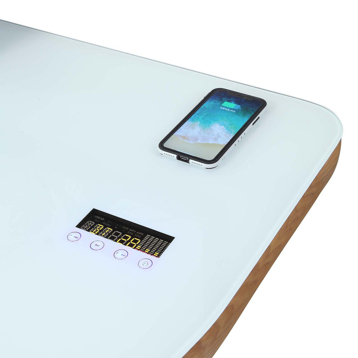 Smart Contemporary Quality Home Glass Office Desk in Oak - Built in Speakers, Bluetooth, Wireless Charging and USB - 1200mm - PC711