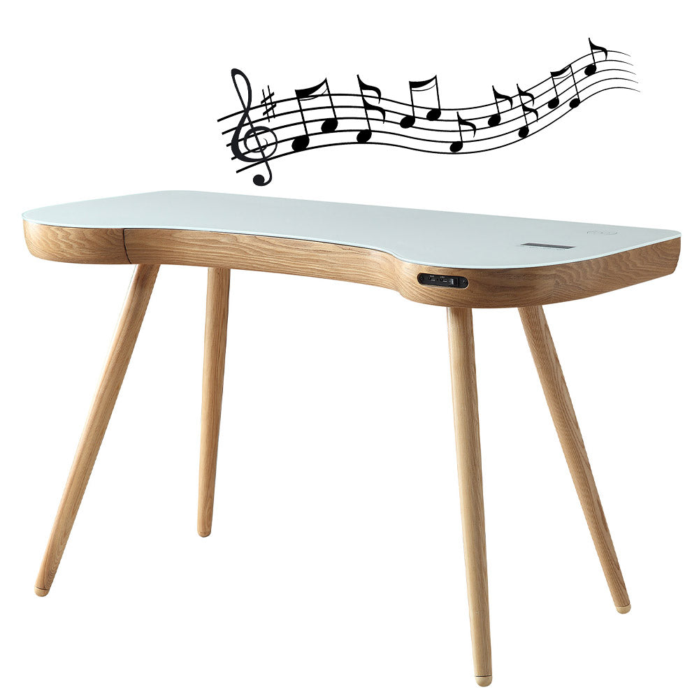 Smart Contemporary Quality Home Glass Office Desk in Oak - Built in Speakers, Bluetooth, Wireless Charging and USB - 1200mm - PC711
