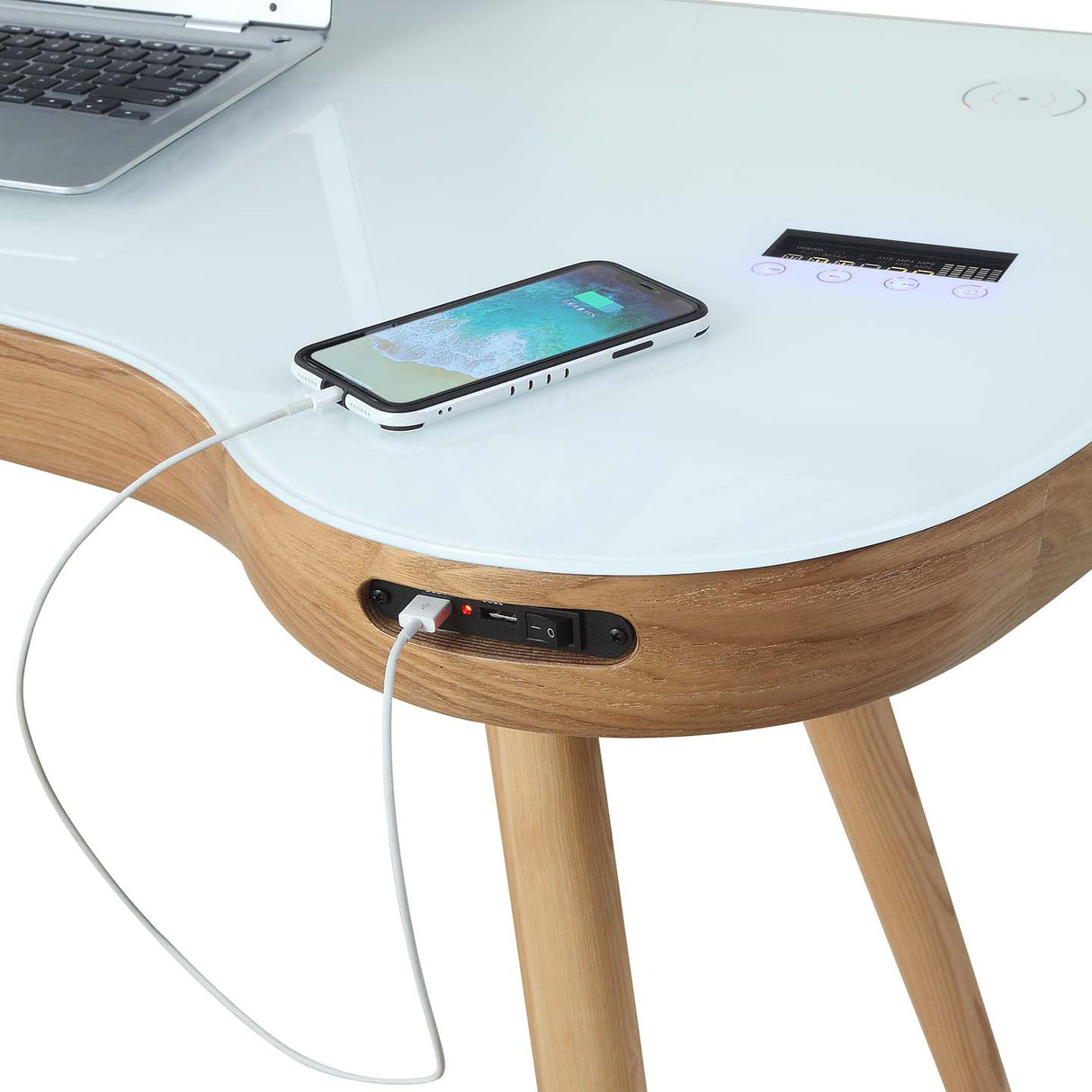 Smart Contemporary Quality Home Glass Office Desk in Oak - Built in Speakers, Bluetooth, Wireless Charging and USB - 1200mm - PC711