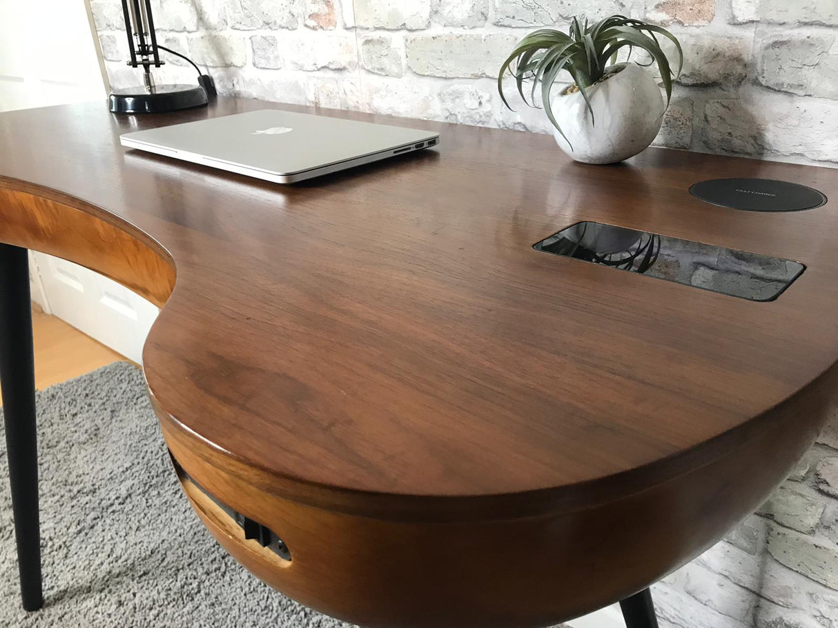 Smart Contemporary Quality Home Glass Office Desk in Walnut - Built in Speakers, Bluetooth, Wireless Charging and USB - 1200mm - PC711