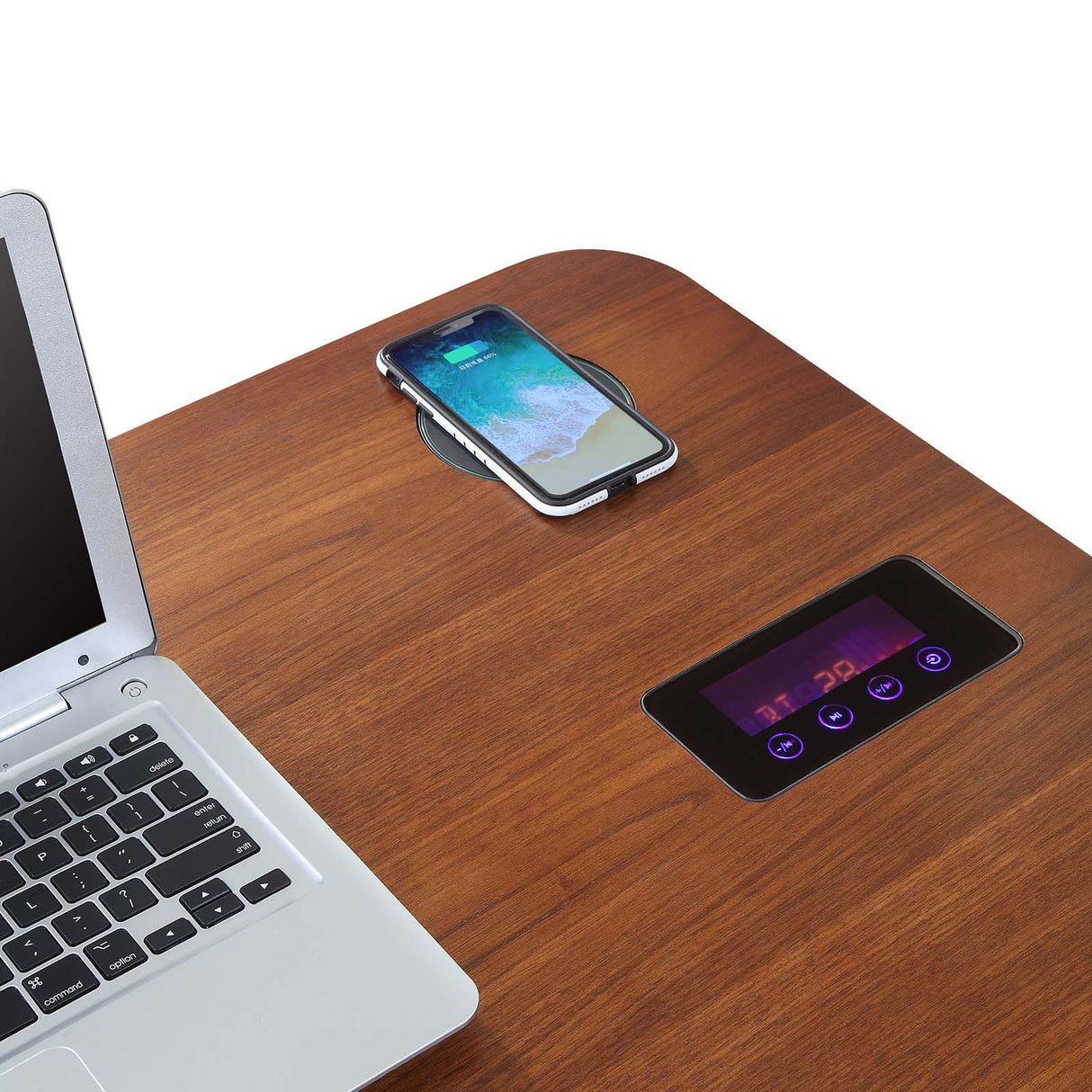 Smart Contemporary Quality Home Glass Office Desk in Walnut - Built in Speakers, Bluetooth, Wireless Charging and USB - 1200mm - PC711