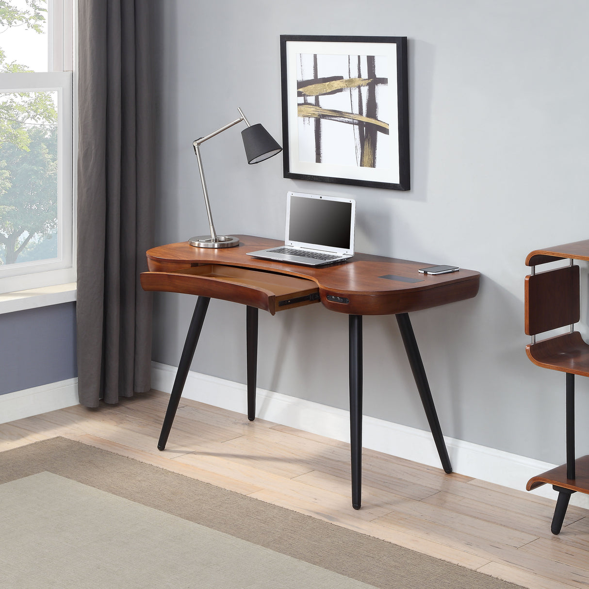 Smart Contemporary Quality Home Glass Office Desk in Walnut - Built in Speakers, Bluetooth, Wireless Charging and USB - 1200mm - PC711