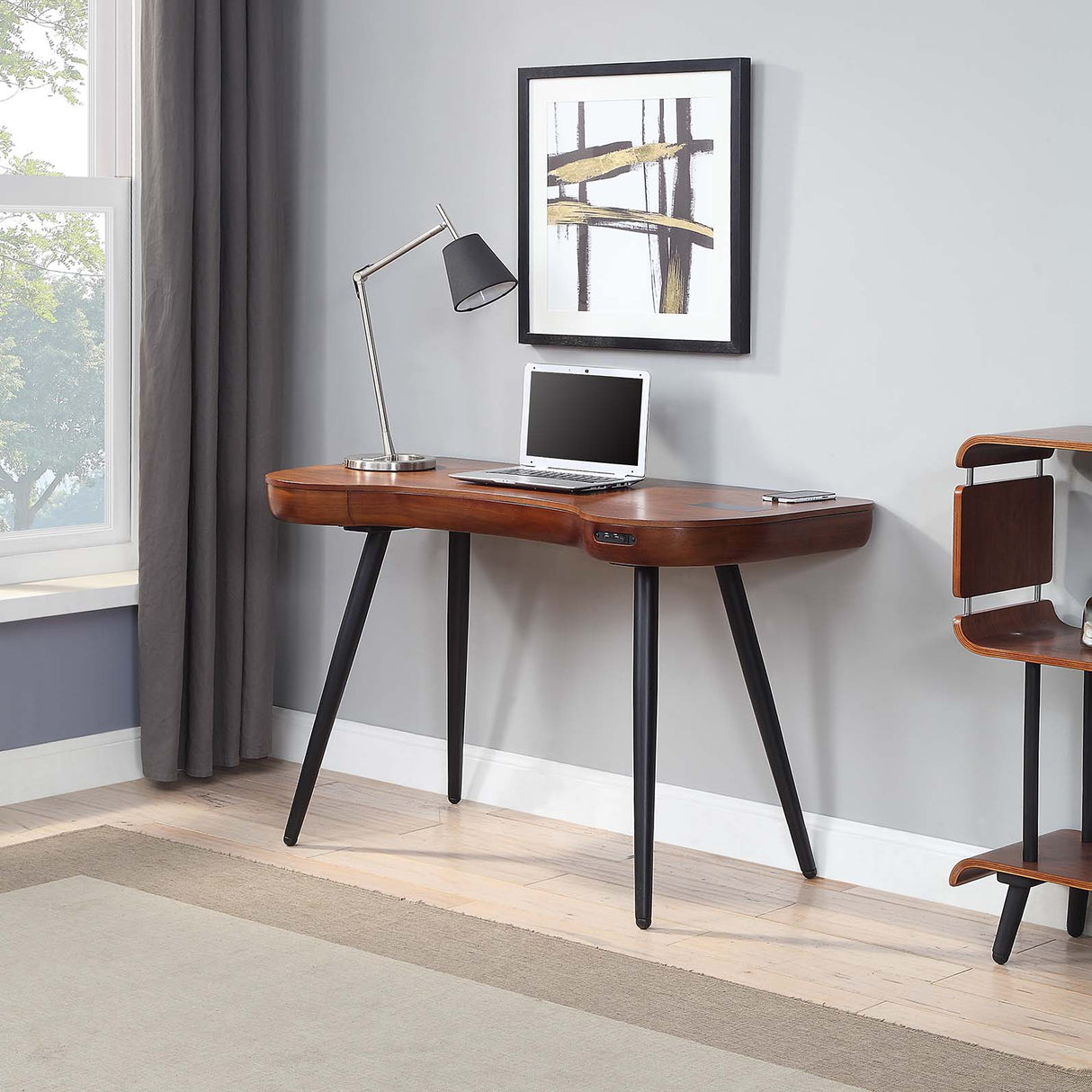 Smart Contemporary Quality Home Glass Office Desk in Walnut - Built in Speakers, Bluetooth, Wireless Charging and USB - 1200mm - PC711