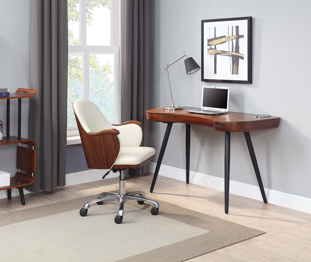 Smart Contemporary Quality Home Glass Office Desk in Walnut - Built in Speakers, Bluetooth, Wireless Charging and USB - 1200mm - PC711