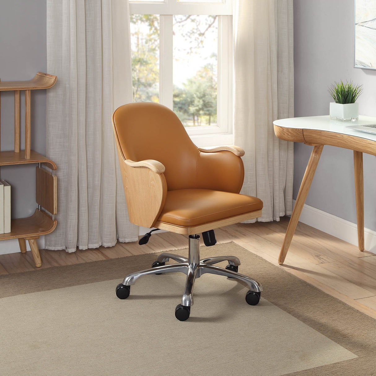 Stylish Faux Leather Office Chair with Oak Wood Veneer Shell - Tan - PC712