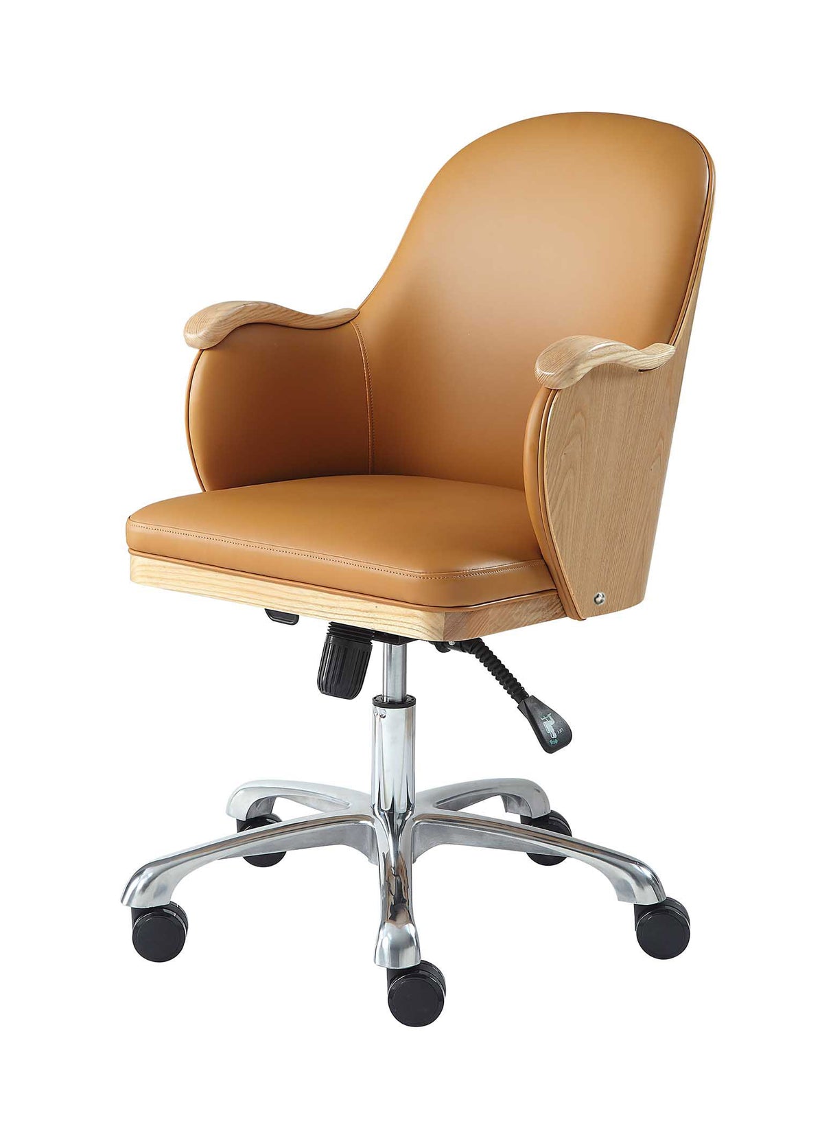 Stylish Faux Leather Office Chair with Oak Wood Veneer Shell - Tan - PC712