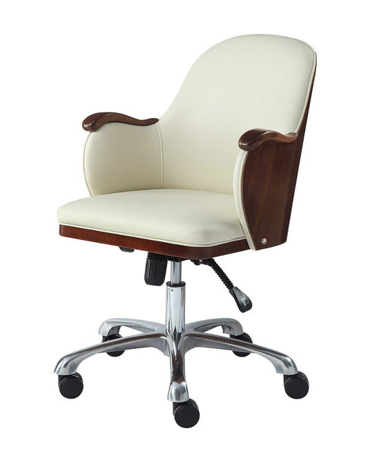 Stylish Faux Leather Office Chair with Walnut Wood Veneer Shell - Cream - PC712