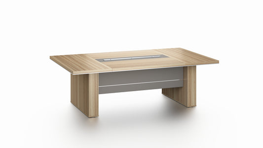 Modern Stunning Golden Oak Executive Boardroom Table with Aluminum Edge - UK Plugs Integrated into Desktop - 2400mm, 2800mm or 3200mm - PM02-C01