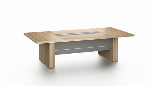 Modern Stunning Golden Oak Executive Boardroom Table with Aluminum Edge - UK Plugs Integrated into Desktop - 2400mm, 2800mm or 3200mm - PM02-C01