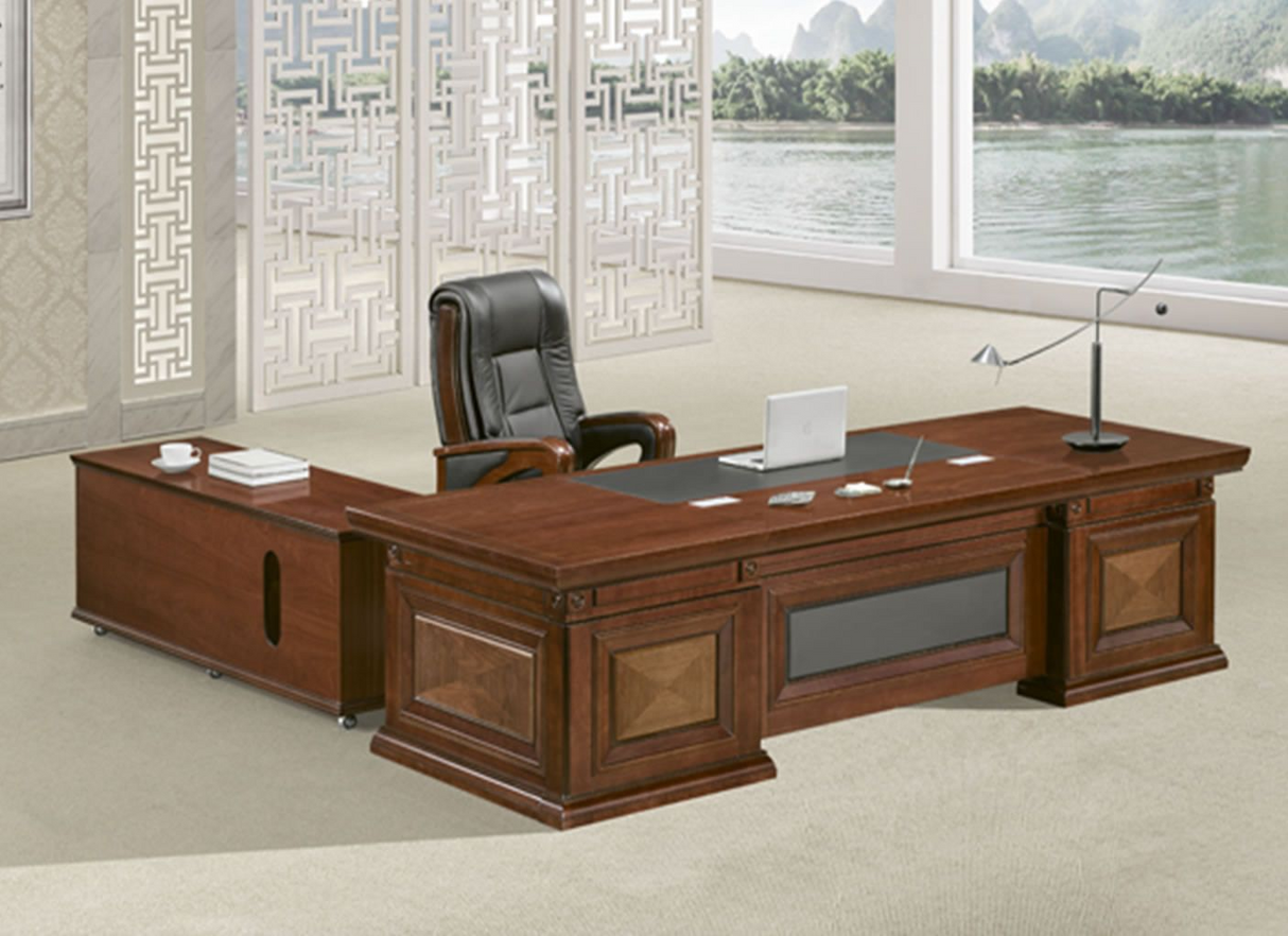 Large Traditional and Stylish Executive Office Desk Real Veneer - With Pedestal and Return - 2400mm / 2600mm / 2800mm - U3J241