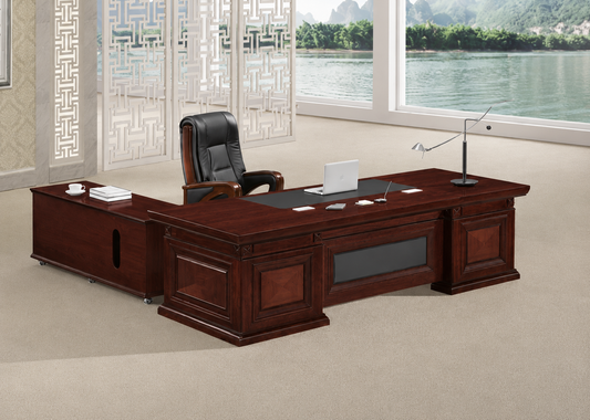 Large Walnut Real Wood Veneer Traditional & Stylish Executive Office Desk - With Pedestal and Return - 2400mm / 2600mm / 2800mm - U3J241
