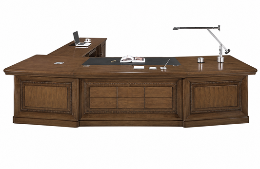 Premium Traditional Large Light Walnut Real Wood Veneer Curved Executive Office Desk - With Pedestal and Side Return - 2800mm to 3800mm - U66283