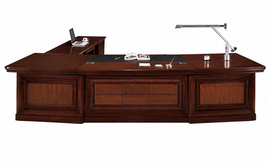 Premium Traditional Large Walnut Real Wood Veneer Curved Executive Office Desk - With Pedestal and Side Return - 2800mm to 3800mm - U66283