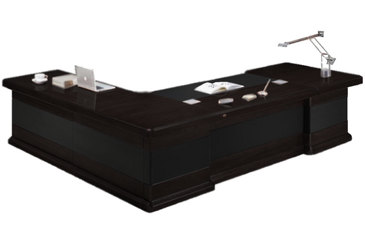 Luxury Black Ash Real Wood Veneer Executive Desk Black Leather Detailing with Desk High Return and Pedestal - 2800mm to 3600mm - U9C321