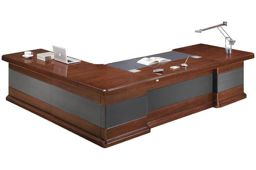 Luxury Executive Desk Black Leather Detailing with Desk High Return and Pedestal - 2800mm / 3000mm / 3200mm / 3600mm - U9C321