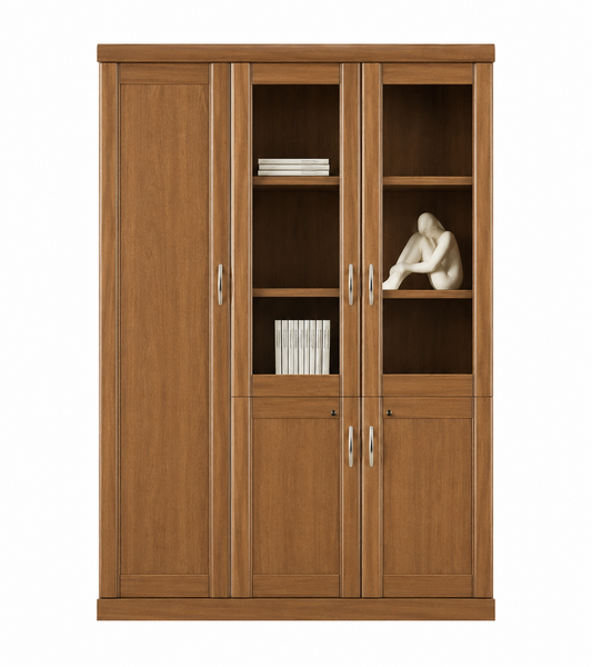 Real Light Walnut Wood Veneer Three Door Executive Bookcase with Glass - UM6503
