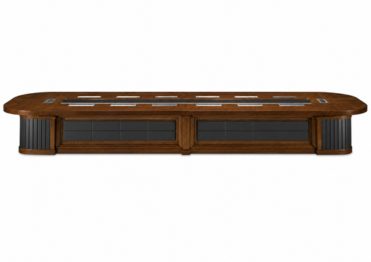 Extra Large Light Walnut Real Wood Veneer Luxury Boardroom Table with Black Leather Panelling - 5600mm to 7000mm - UT8868