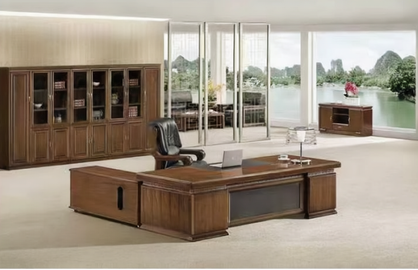 Large Executive Office Desk Real Wood Veneer With Black Leather - 2200mm / 2400mm / 2600mm / 2800mm - 3P241
