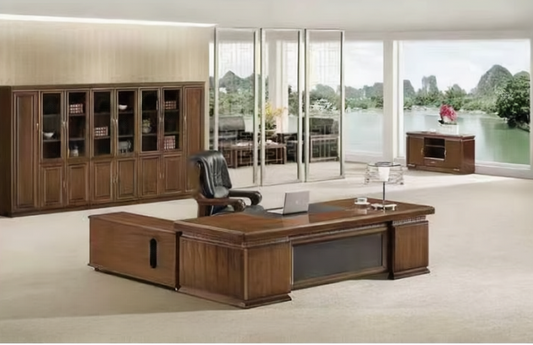 Large Executive Office Desk Real Wood Veneer With Black Leather - 2200mm / 2400mm / 2600mm / 2800mm - 3PK241