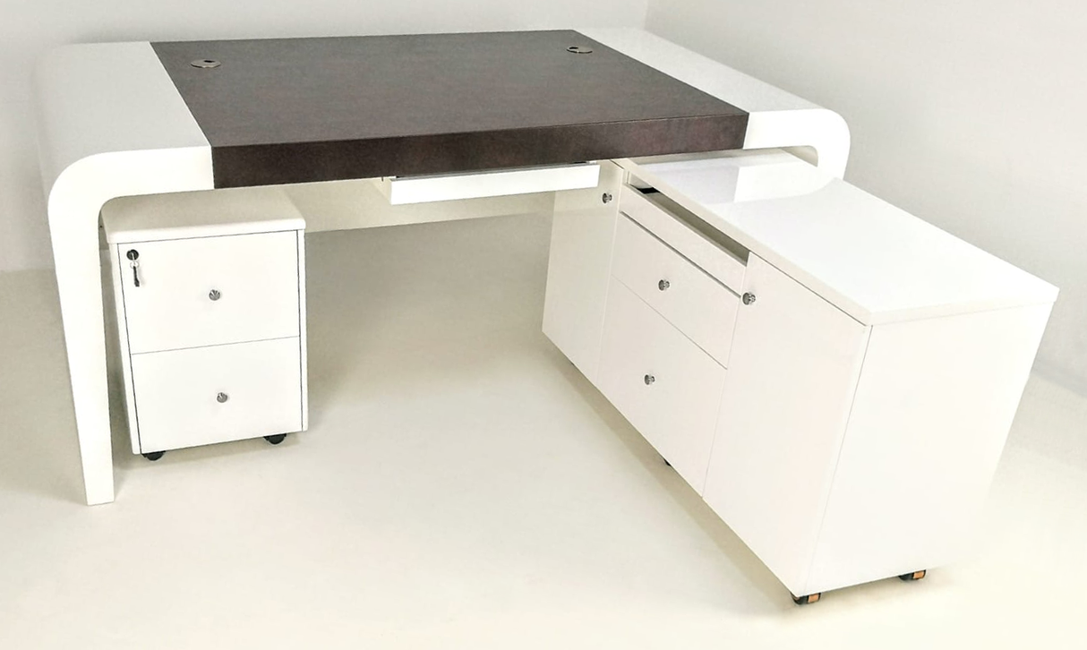 Prosparae Gloss White Executive Desk with Return & Pedestal - 2200mm - T1381