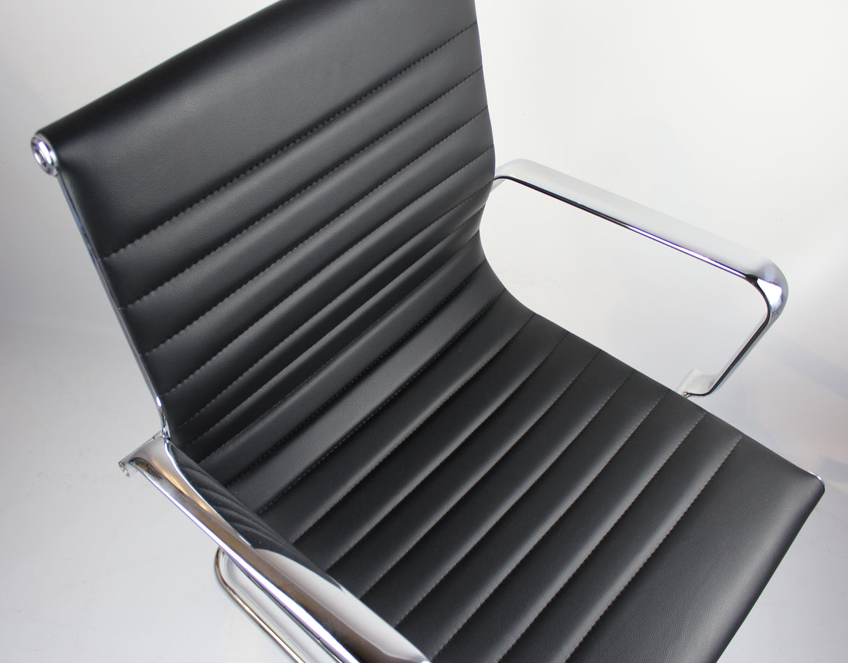 Contemporary Eames-Style Cantilever Visitor Chair in Black Leather - HB-E13