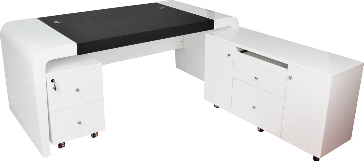 Prosparae Gloss White Executive Desk with Return & Pedestal - 2200mm - T1381