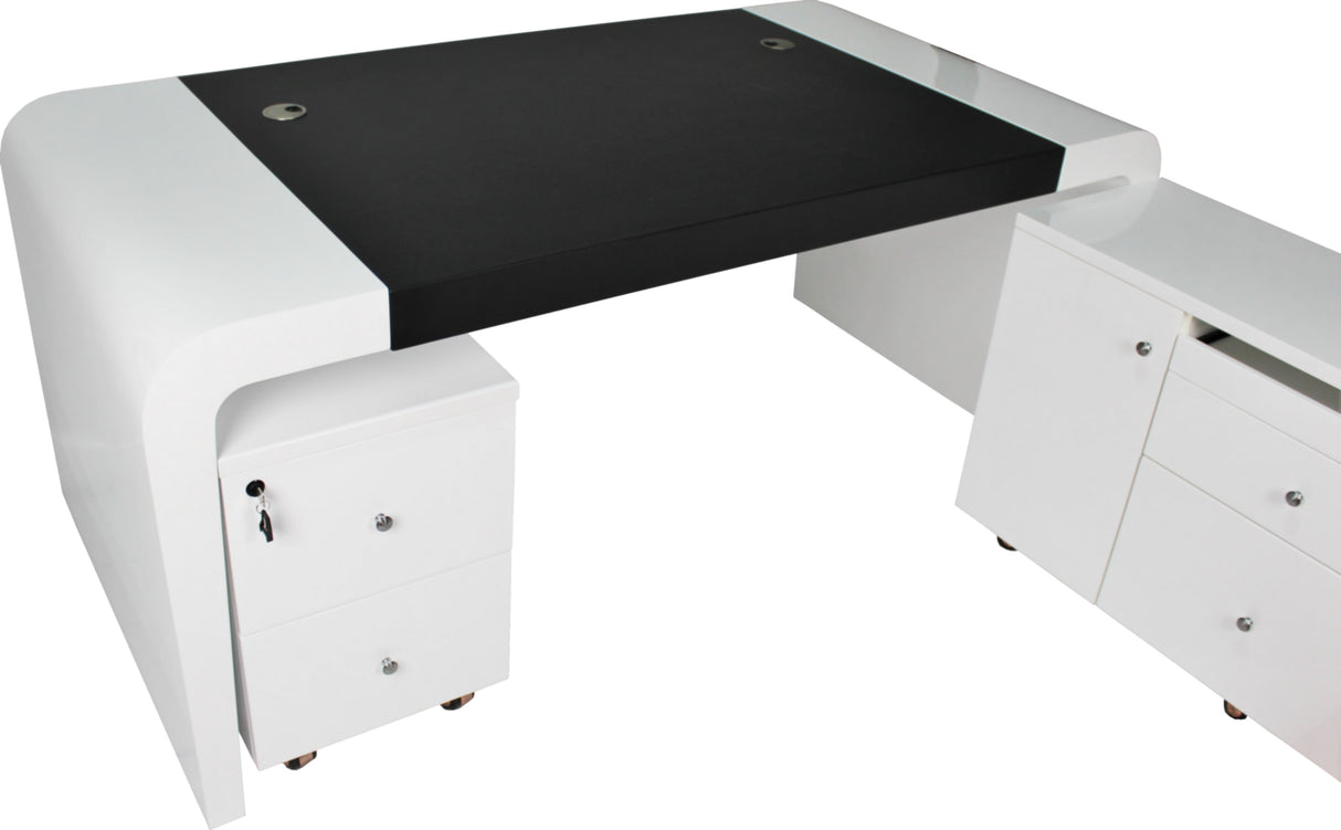 Prosparae Gloss White Executive Desk with Return & Pedestal - 2200mm - T1381