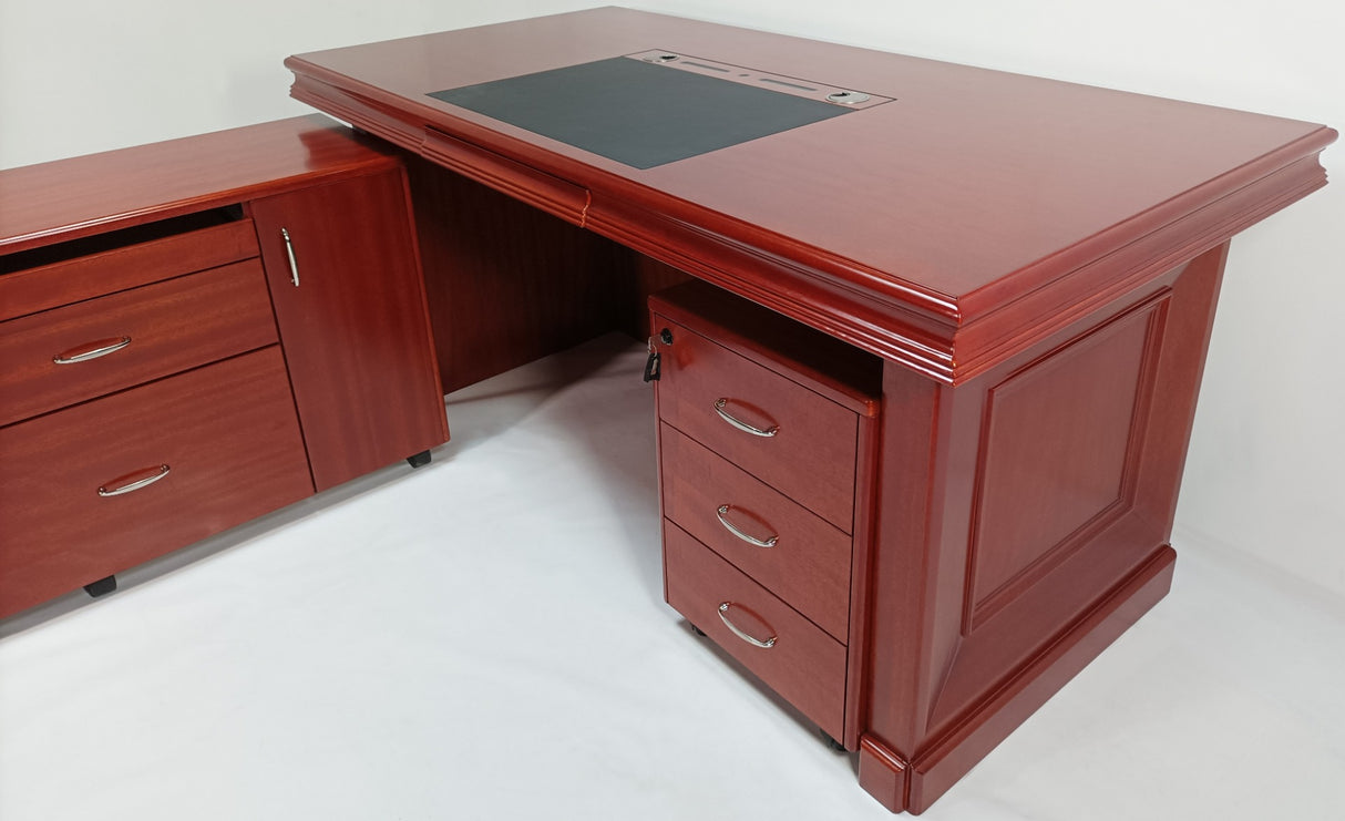 Real Wood Veneer Mahogany Executive Office Desk with Pedestal and Return - 1600mm - 2018