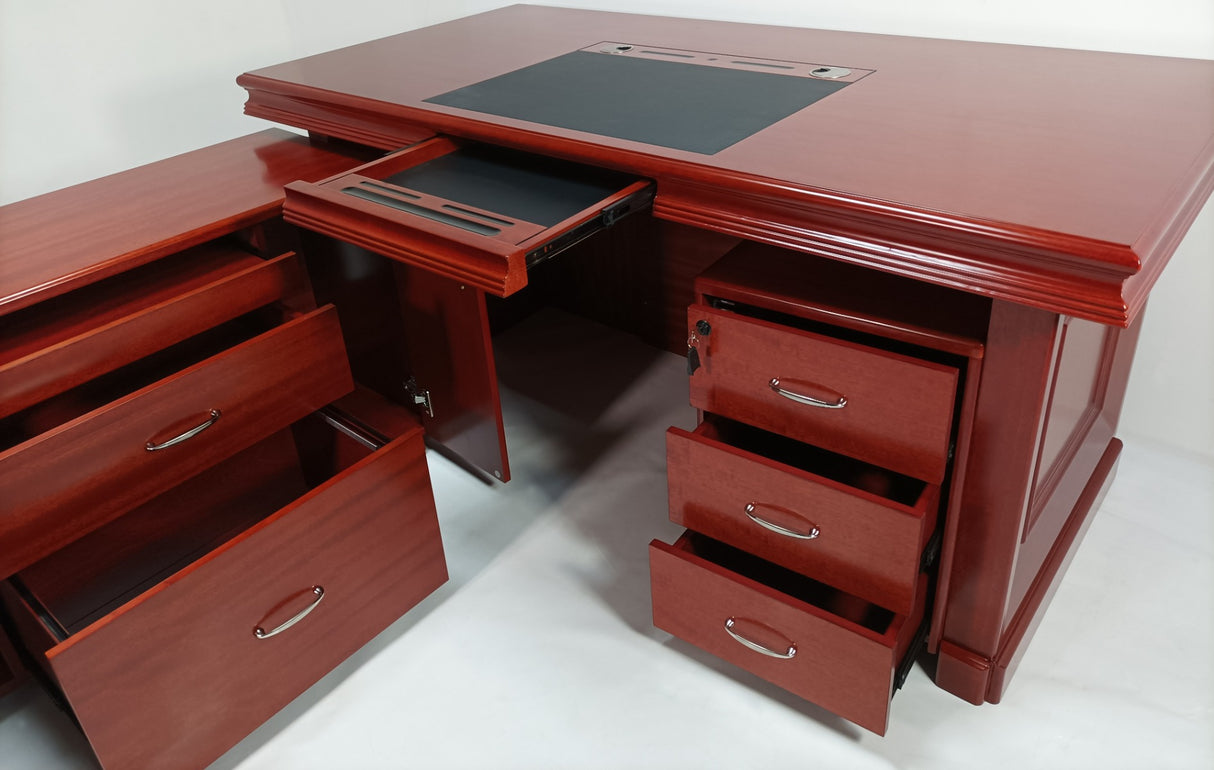 Real Wood Veneer Mahogany Executive Office Desk with Pedestal and Return - 1600mm - 2018