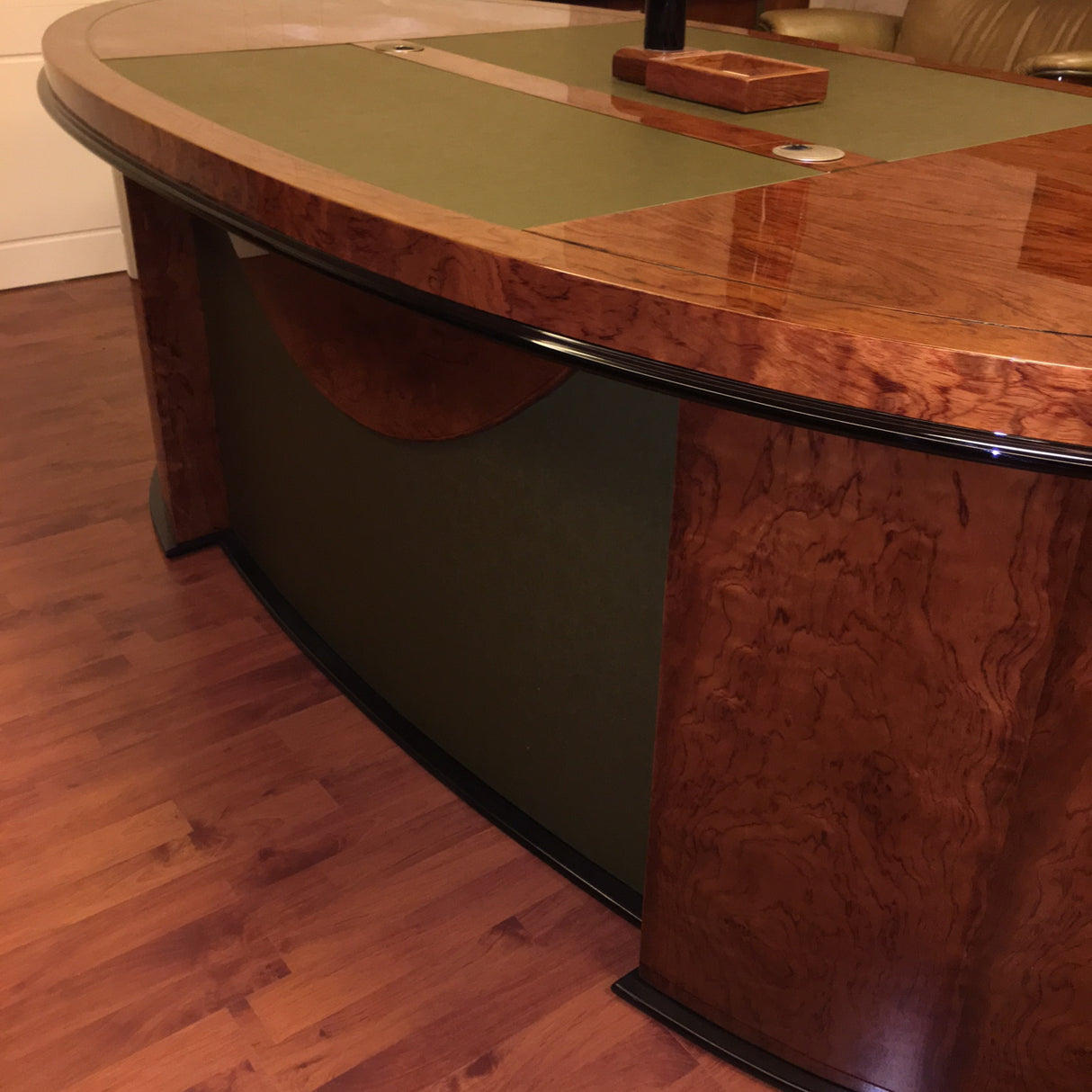 Stunning Rosewood Executive Office Desk with Olive Leather Paneling - With Pedestal and Return - 2200mm - 6865