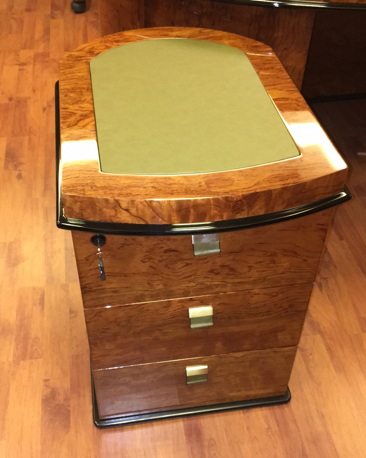 Stunning Rosewood Executive Office Desk with Olive Leather Paneling - With Pedestal and Return - 2200mm - 6865