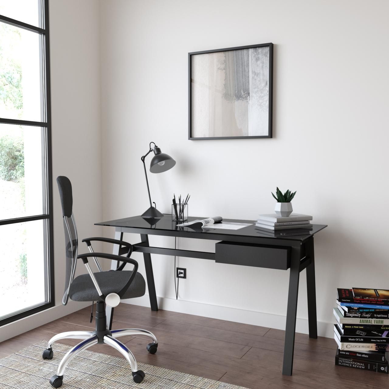 black office desk in home office