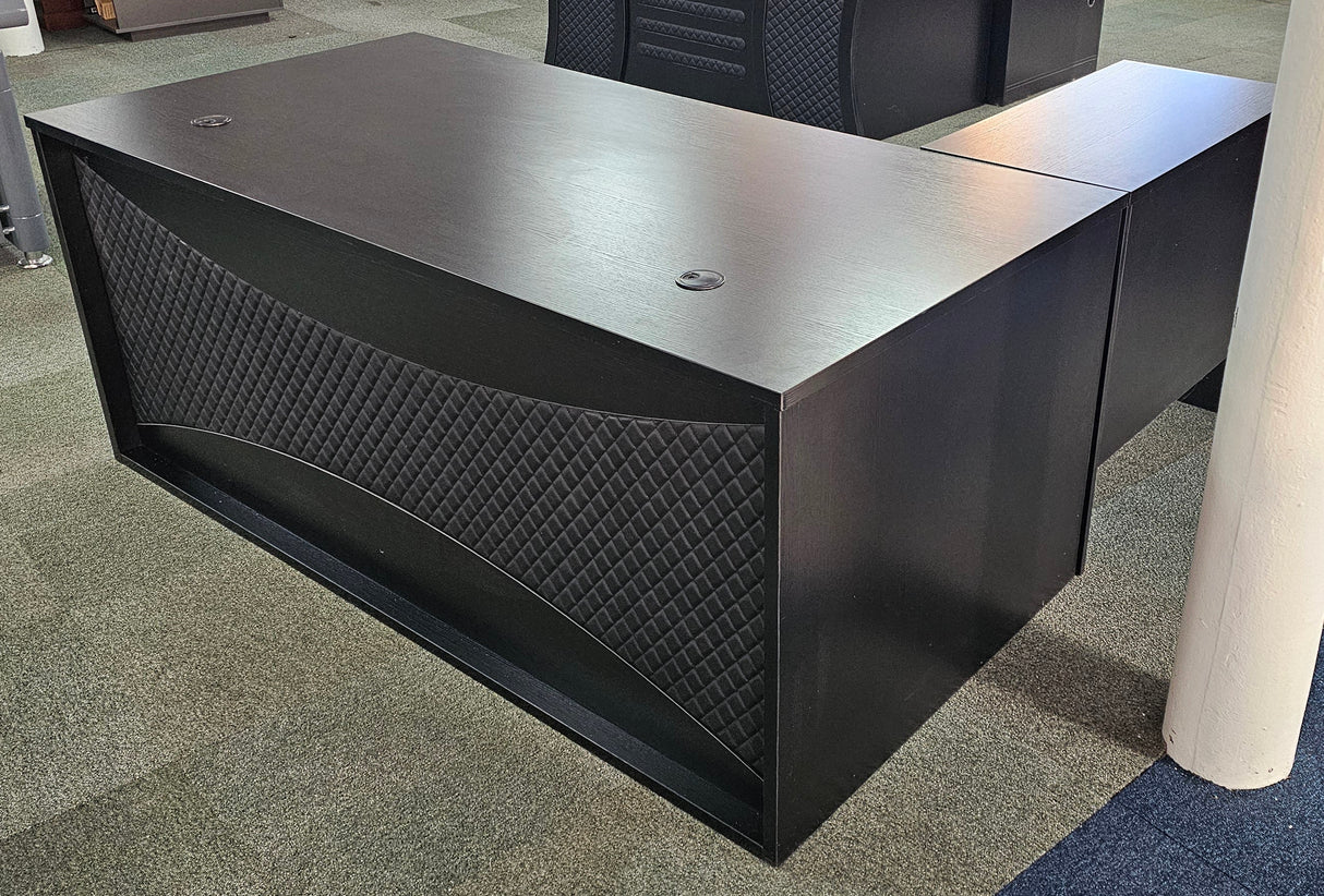 EX SHOWROOM - Modern Black Ash Executive Office Desk with Leather Panelling with Mobile Pedestal and Desk Level Return - 1800mm - 8690