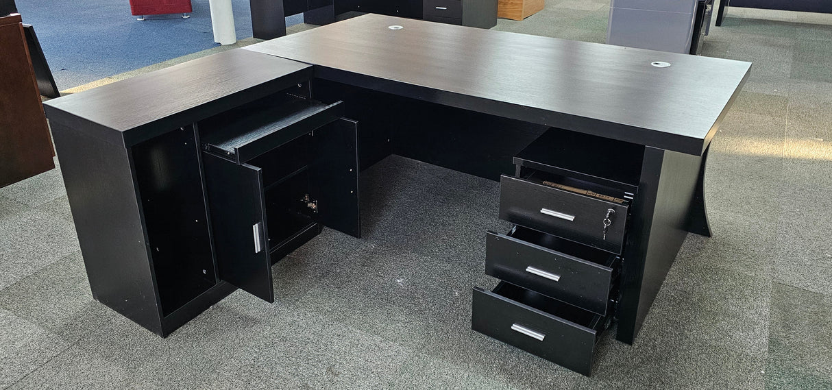 EX SHOWROOM - Modern Black Ash Executive Office Desk with Stylish Modesty Panel with Mobile Pedestal and Desk Level Return - 1800mm - 8674