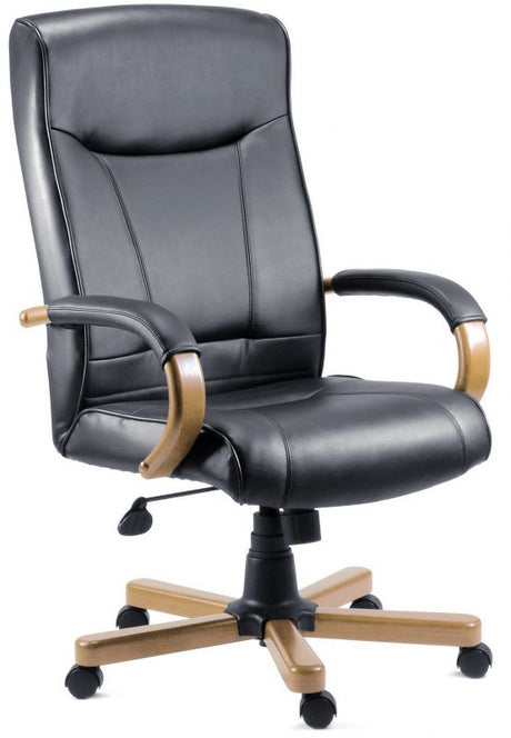 Black Bonded Leather Office Chair - Mahogany or Light Oak Wood Option - KINGSTON
