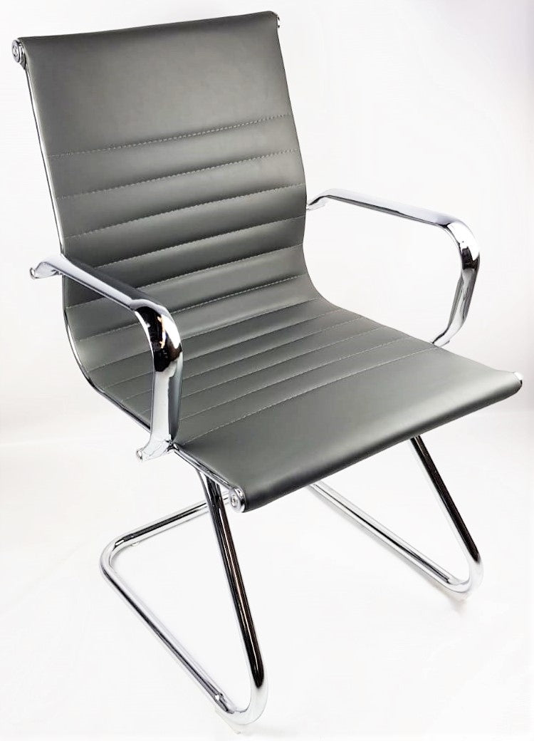 Contemporary Eames-Style Cantilever Visitor Chair in Grey Leather - HB-E13